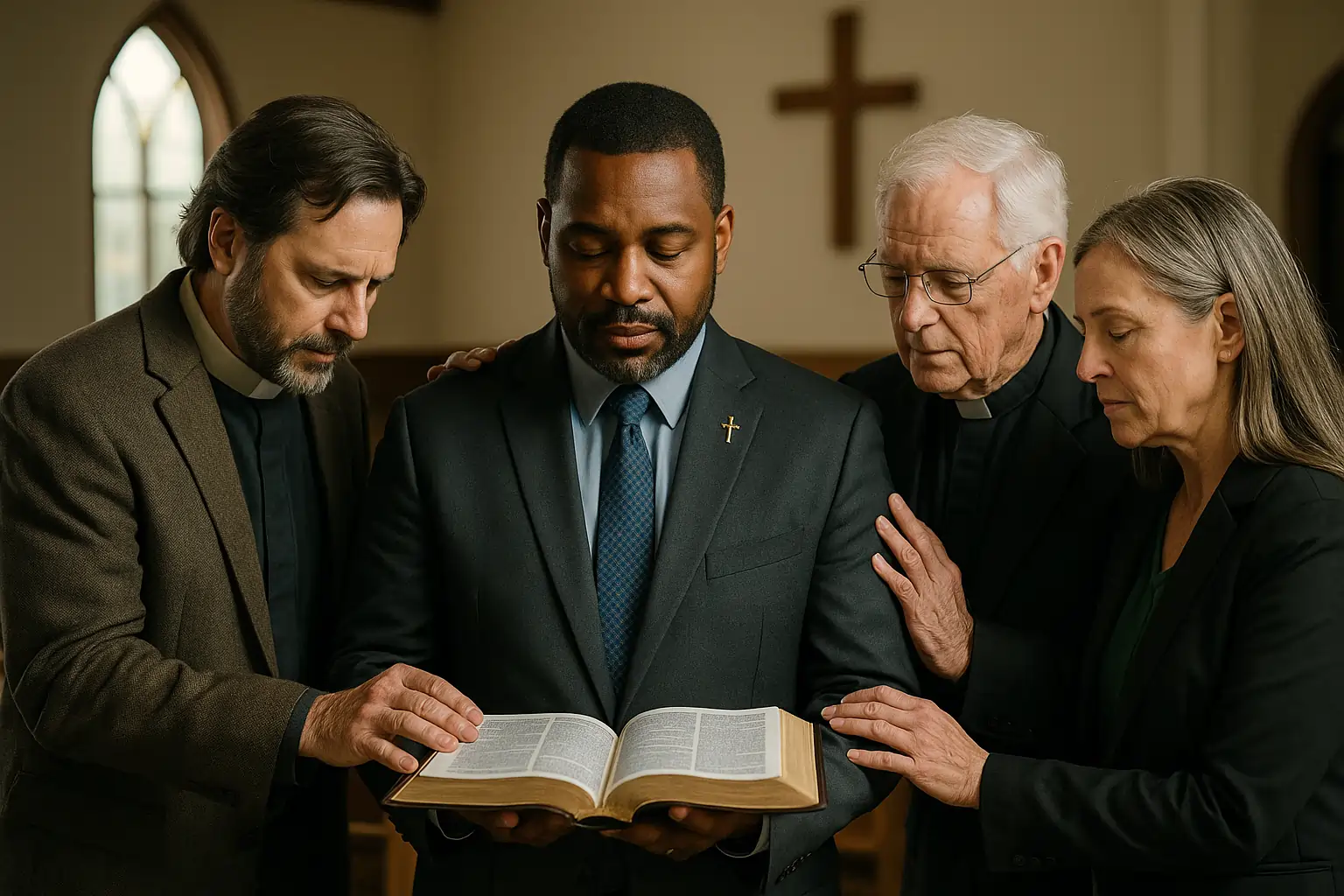 ✟ Evangelical Protestant Ministry Philosophy File Name: A_photograph_captures_four_Christian_ministers_eng.png Alt Text: Evangelical ministers in prayer and Bible study representing diverse US ministry leadership Title Attribute: Evangelical Ministers in Prayer and Study Caption (optional): Evangelical ministers united in prayer, reflecting the diversity and unity of the Church. Description: A hyper realistic image depicting a diverse group of evangelical ministers gathered in reverent prayer and Bible study, symbolizing unity, faith, and leadership within the National Association of Christian Ministers.