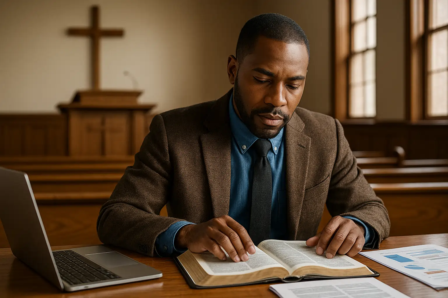 Spiritual Gift of Administration in the Church Guide. Hyper realistic image of a church administrator studying Scripture and coordinating ministry tasks in a bright, organized church office. This photo depicts a church administrator supporting ministers in planning, stewardship, and ministry coordination for the body of Christ. spiritual gift of administration, church administrator, ministry operations, spiritual administration, biblical leadership, church organization, ministry structure, Christian stewardship, body of Christ unity, transformational leadership, administrative calling, gifts of the Holy Spirit, effective church management,